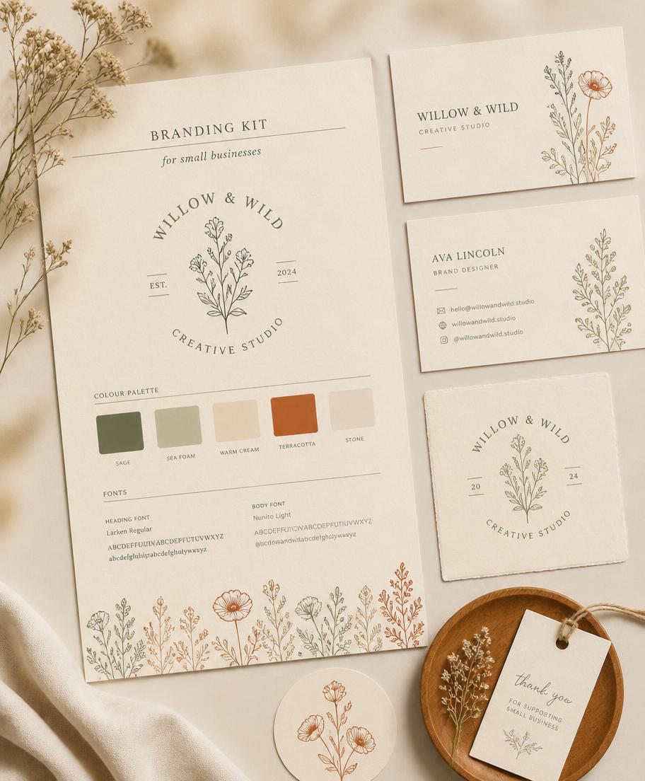 Printed branding kit sheet with logo, colour palette and business cards decorated with hand-drawn wildflowers