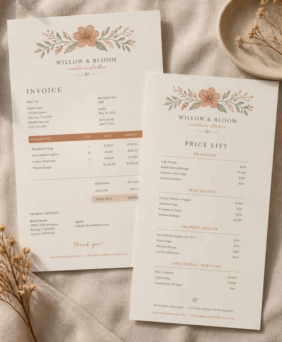 Botanical invoice and price list templates on cream paper