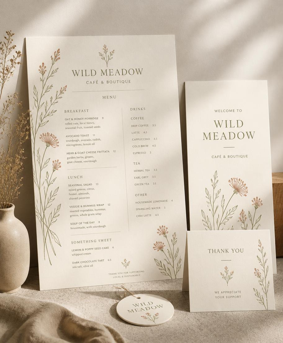 Botanical cafe menu board, welcome sign and thank-you card on a warm neutral surface