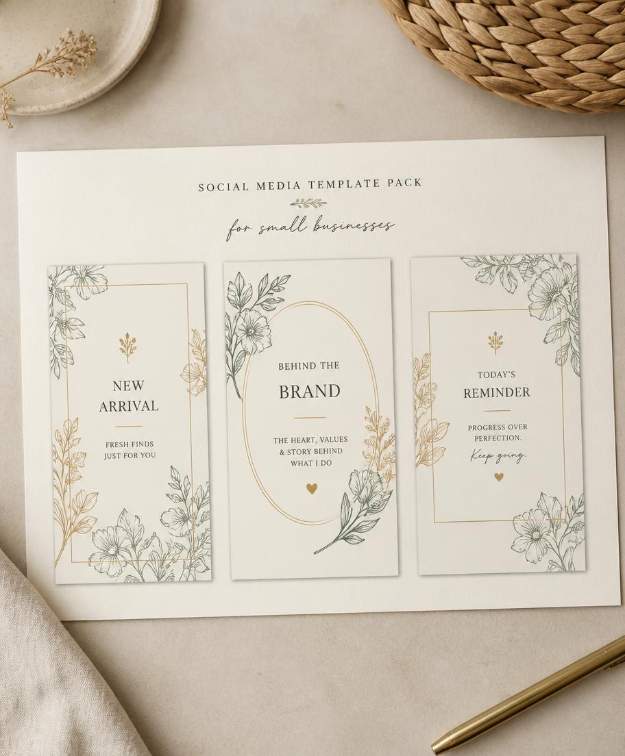 Three botanical social media post templates laid out on cream paper